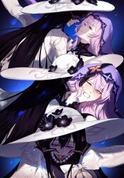  2girls absurdres black_flower black_hair black_swan_(honkai:_star_rail) blue_background blush burning_clothes commentary dancing demon_girl demon_horns detached_sleeves elisbian english_commentary flower gloves grin hat highres holding_hands honkai:_star_rail honkai_(series) horns licking licking_another's_neck long_hair multiple_girls pink_eyes purple_hair shaded_face smile sun_hat tattoo the_dahlia_(honkai:_star_rail) tongue_tattoo veil very_long_hair violet_eyes 