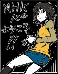  1girl black_background black_socks blush bob_cut bumpnama colored_skin denim denim_skirt long_sleeves looking_at_viewer looking_back looking_down nakahara_misaki nhk_ni_youkoso! raglan_sleeves shirt short_hair skirt smile socks solo two-tone_shirt v white_skin yellow_shirt 