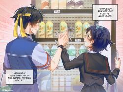  1boy 1girl absurdres ahoge alternate_costume asaba_harumasa bandana bangboo_(zenless_zone_zero) belle_(zenless_zone_zero) black_hair black_sailor_collar blush couple cowboy_shot english_text haryu_chee height_difference hetero highres sailor_collar school_uniform short_hair speech_bubble sweat vending_machine watch watch yellow_bandana zenless_zone_zero 