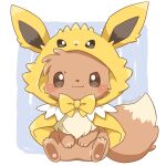  :3 artist_name blush_stickers bow brown_eyes capelet closed_mouth clothed_pokemon cosplay eevee full_body hand_on_own_stomach highres hood hooded_capelet jolteon jolteon_(cosplay) kana_(maple926) looking_at_viewer pokemon pokemon_(creature) sitting smile solo twitter_username yellow_bow 