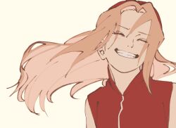  1girl closed_eyes furrowed_brow grin hair_between_eyes haruno_sakura headband highres long_hair naruto_(series) parted_bangs parted_lips pink_hair pnpk_1013 red_headband red_vest simple_background sketch smile solo teeth upper_body vest 