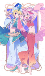  ahoge alternate_costume arabian_clothes armlet arms_up bandana bangle bare_shoulders barefoot blonde_hair blue_background bracelet circlet closed_mouth clothing_cutout commentary_request crop_top gem gem_hair_ornament gold_bracelet green_gem green_scarf green_shoes hair_ornament harem_outfit harem_pants hat_feather highres hinamori_amu holding_lamp hotori_tadase jewelry lamp leg_cutout light_blush long_hair navel one_side_up open_mouth outline pants picture_frame pink_eyes pink_hair pink_shawl pointy_shoes puffy_pants red_pants red_shawl red_shirt scarf serizawa_serizane shawl shirt shoes short_hair shugo_chara! sleeveless sleeveless_shirt smile stomach striped_clothes striped_scarf tassel tassel_hair_ornament tiptoes toes turban turtleneck turtleneck_shirt twitter_username two-sided_fabric two-sided_shawl two-tone_background two-tone_scarf white_background white_bandana white_outline white_pants white_shirt yellow_eyes yellow_scarf 