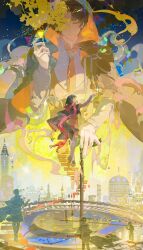  2boys absurdres arm_up black_cloak black_hair brown_shirt brown_shoes brown_shorts building chinese_commentary cloak closed_eyes closed_mouth collared_shirt commentary_request constellation dual_persona ginkgo_leaf grey_pants grey_vest hand_up highres hood hood_up hooded_cloak klein_moretti leaf long_sleeves lord_of_the_mysteries male_focus medium_hair merlin_hermes multiple_boys necktie night_sky pants pants_under_shorts plaid_clothes plaid_pants red_scarf scarf shirt shoes short_hair shorts smile sparkle tentacles variant_set vest watermark white_shirt xixun yellow_necktie 