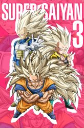  3boys absurdres armor art_jake black_vest blonde_hair blue_bodysuit blue_shirt bodysuit boots character_name crossed_arms dougi dragon_ball dragon_ball_daima dragon_ball_z father_and_son gloves gotenks group_picture highres metamoran_vest multiple_boys no_eyebrows no_shirt orange_pants orange_shirt pants saiyan_armor shirt son_goku spiky_hair super_saiyan super_saiyan_3 vegeta vest white_armor white_boots white_gloves 
