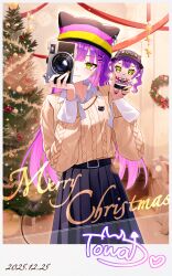  1girl absurdres alternate_costume belt bibi_(tokoyami_towa) black_hat black_skirt blunt_bangs brown_sweater cable_knit camera character_doll character_signature christmas christmas_tree closed_mouth collared_shirt colored_inner_hair commentary covering_one_eye dated demon_girl demon_tail doll ear_piercing english_text green_eyes hair_ornament hairclip hat highres holding holding_camera holding_doll hololive horned_hat indoors long_hair long_sleeves looking_at_viewer merry_christmas multicolored_hair multicolored_hat piercing pink_hair pleated_skirt purple_hair purple_hat shirt sidelocks skirt smile solo star-ring sweater symbol-only_commentary tail tail_ornament tail_piercing tokoyami_towa virtual_youtuber yellow_hat 