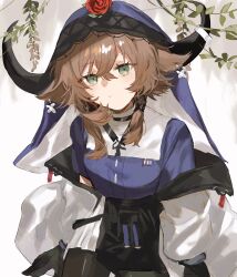  1girl absurdres animal_ears arknights brown_hair commentary_request cow_ears cow_girl cow_horns detached_hood flower flower_on_head fumi_(rdbm) gloves green_eyes hair_between_eyes highres horns pallas_(arknights) petals purple_shirt red_flower red_rose rose shirt short_hair_with_long_locks solo veil 