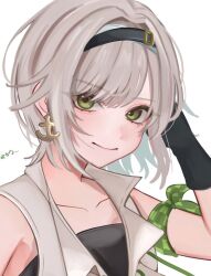  alternate_costume anchor_earrings bandana bandana_around_arm berrytrt black_gloves black_hairband black_tube_top checkered_bandana closed_mouth coat collar earrings eyes_visible_through_hair gloves gold_earrings green_bandana green_eyes grey_hair hairband hinomori_shiho jewelry looking_at_viewer project_sekai romaji_text short_hair single_earring sleeveless sleeveless_coat smile strapless tube_top white_hairband 