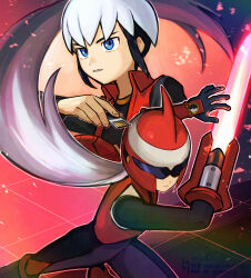  2boys absurdres armor assault_visor battle_chip black_bodysuit black_hair black_shirt blue_eyes bodysuit eugene_chaud_(mega_man) hand_on_blade helmet highres holding leg_up long_hair mega_man_(series) mega_man_battle_network_(series) multicolored_hair multiple_boys netnavi oichi_45 protoman.exe red_armor red_helmet red_vest shirt short_hair sword two-tone_hair vest weapon white_hair 