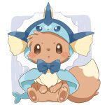  artist_name blue_bow blush_stickers bow brown_eyes capelet chestnut_mouth clothed_pokemon cosplay eevee full_body hand_on_own_stomach highres hood hooded_capelet kana_(maple926) looking_at_viewer open_mouth pokemon pokemon_(creature) sitting smile solo twitter_username vaporeon vaporeon_(cosplay) 