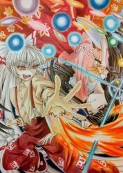  2girls absurdres black_hair bow bowtie branch collared_shirt contrast_collar fighting fire frilled_shirt_collar frills fujiwara_no_mokou hair_bow highres holding holding_branch houraisan_kaguya jeweled_branch_of_hourai long_hair long_skirt long_sleeves looking_at_another marker_(medium) multiple_girls open_mouth pants pink_eyes pink_shirt red_eyes red_pants red_skirt shirt shirt_bow skirt suspenders touhou traditional_media user_ycnn5725 white_bow white_hair white_shirt wide_sleeves yellow_bow yellow_bowtie 