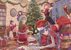  5girls absurdres ave_mujica_(bang_dream!) bang_dream! bang_dream!_it's_mygo!!!!! black_hair blacky1266859 blue_hair boots bow box brown_eyes brown_hair cake cane cellphone christmas christmas_tree commentary crossed_legs english_commentary food fur-trimmed_headwear fur_trim gift gift_box green_hair hat hat_bow high_heel_boots high_heels highres holding holding_phone holding_tray indoors looking_at_viewer mirror misumi_uika multiple_girls phone purple_hair red_boots red_hat red_skirt santa_costume santa_hat sitting skirt strawberry_cake togawa_sakiko tray wakaba_mutsumi wariza window wooden_floor yahata_umiri yuutenji_nyamu 