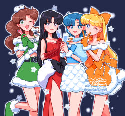  4girls aino_minako bishoujo_senshi_sailor_moon black_hair blonde_hair blue_eyes blue_hair bow brown_hair dress earrings green_eyes green_skirt hair_bobbles hair_bow hair_ornament highres hino_rei jewelry kino_makoto long_hair mizuno_ami multiple_girls namisonpictures one_eye_closed orange_dress ponytail red_bow red_dress sailor_collar short_hair side_slit skirt smile star_(symbol) star_earrings v white_skirt 
