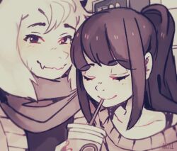  1boy 1other 2016 2d aged_up ambiguous_gender animal_ears anthro artist_name aryll_(marbles) asriel_dreemurr body_fur brown_hair close-up closed_mouth coat coffee commentary cup digital_media drink drinking drinking_straw droopy_ears duo english_commentary fangs floppy_ears frisk_(undertale) furry furry_male goat goat_boy goat_ears goat_horns height_difference high_ponytail holding holding_cup holding_drink horns human long_hair male mammal monochrome monster monster_boy outdoors ponytail portrait scarf sepia simple_background skin_fangs standing sweater undertale utdr_(toby_fox) white_background white_fur white_horns winter_clothes 