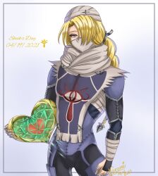  1girl androgynous artist_name bandaged_fingers bandages blonde_hair bodysuit braid character_name cowboy_shot dated english_text gradient_background hair_over_one_eye heart heart_container highres holding holding_heart long_hair looking_at_viewer mask mouth_mask nozomichan26 official_alternate_design red_eyes reverse_trap scarf sheik sheikah signature solo super_smash_bros. the_legend_of_zelda the_legend_of_zelda:_twilight_princess white_scarf 