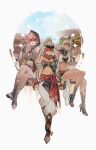  3girls absurdres aoiabyss armor bare_shoulders blindfold blonde_hair crop_top crossed_legs eremite_floral_ring-dancer_(genshin_impact) eremite_galehunter_(genshin_impact) eremite_scorching_loremaster_(genshin_impact) genshin_impact green_hair highres hood jewelry looking_at_viewer multiple_girls navel pink_hair red_sash sash shoulder_armor thighs white_background 