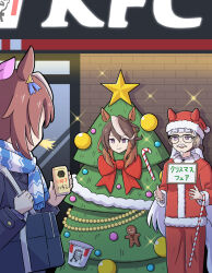 3girls animal_ears bag blue_coat blue_scarf blunt_bangs bow breasts brown_hair can candy candy_cane christmas christmas_ornaments christmas_star christmas_tree christmas_tree_costume closed_mouth coat drink_can ears_through_headwear food fur-trimmed_headwear fur_trim gingerbread_man glasses gold_ship_(umamusume) grey_hair hair_between_eyes hat hat_with_ears highres holding holding_can horse_ears horse_girl kfc long_hair multicolored_hair multiple_girls open_mouth pants red_bow red_coat red_hat red_pants santa_costume santa_hat scarf school_bag school_uniform sign sign_around_neck smile sparkle spit_take spitting streaked_hair symboli_rudolf_(christmas_emperor_tree)_(umamusume) symboli_rudolf_(umamusume) tokai_teio_(umamusume) toushirou_(sugarwhite1046) tracen_school_uniform tracen_winter_coat tree_costume umamusume violet_eyes white_hair winter_clothes winter_coat winter_uniform 