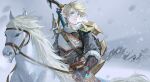  blue_eyes bow_(weapon) earrings horse horseback_riding jewelry light_brown_hair link looking_afar parted_lips pointy_ears riding ruoruoqiuu shield_on_back sidelocks snow snowing snowquill_set_(zelda) the_legend_of_zelda the_legend_of_zelda:_breath_of_the_wild weapon weapon_on_back 