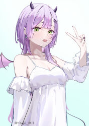  1girl alternate_costume black_nails demon_girl demon_horns demon_tail demon_wings dress fang green_eyes hair_ornament hairpin highres hiragi_1014 hololive horns looking_at_viewer medium_hair nail_polish skin_fang smile solo tail tokoyami_towa v virtual_youtuber white_dress wings 