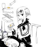  1girl :t closed_mouth cup eating food formal fried_egg fried_egg_on_toast greyscale holding holding_food jacket jewelry letterman_jacket long_sleeves monochrome mug nail_polish okiru open_clothes open_jacket original plate puffy_long_sleeves puffy_sleeves ring sailor_collar shirt sidelocks simple_background sitting solo toast wavy_mouth white_background 