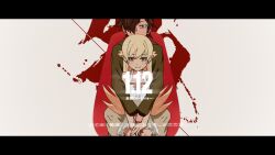  1girl apron araragi_koyomi bare_arms black_border black_hair blonde_hair border bow bow_apron brown_eyes brown_jacket cowboy_shot dated dot_nose flat_chest flipped_hair foreground_text grey_background grey_pants hair_flaps hair_over_one_eye halterneck hug hug_from_behind jacket kanji_focus kizumonogatari knee_blush legs_together letterboxed light_blush long_hair looking_at_viewer monogatari_(series) narrowed_eyes orange_eyes oshino_shinobu pants pointy_ears red_bow sitting sitting_on_lap sitting_on_person smirk sonikkusupin straight-on translation_request v_arms very_long_hair white_apron 