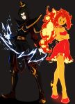  2girls absurdres adventure_time armor avatar:_the_last_airbender avatar_legends azula belt black_eyes black_hair closed_mouth colored_skin crossover dress fiery_hair flame_princess forehead_jewel frown full_body hair_bun hair_ornament highres kekel lightning long_hair long_sleeves looking_at_viewer multiple_girls orange_skin red_dress serious sidelocks simple_background standing strapless strapless_dress very_long_hair 