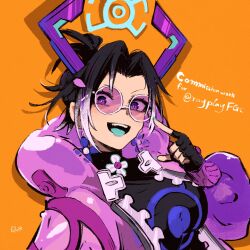 1girl :d absurdres black_gloves black_hair black_shirt blue_nails blue_tongue colored_tongue commentary commission english_commentary english_text fingerless_gloves galacta galacta_(rivals'_day_2025) gloves grey_hair hair_intakes highres jacket long_sleeves looking_at_viewer marvel marvel_rivals multicolored_hair official_alternate_costume open_clothes open_jacket open_mouth orange_background pink-tinted_eyewear pink_jacket rnna shirt short_hair smile solo teeth tinted_eyewear two-tone_hair upper_body upper_teeth_only violet_eyes 
