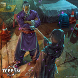  2boys beard capcom character_request chinese_clothes copyright_logo copyright_name copyright_notice crack cracked_floor crossed_arms facial_hair full_body giving grey_hood grin hair_bun highres holding holding_photo indoors legs_apart light_particles logo long_sleeves multiple_boys no_pupils official_art old old_man outstretched_arm pants photo_(object) purple_dougi purple_pants red_sash red_shoes sash shoes sidelocks smile standing table teapot teeth teppen torn_hood traffic_cone white_beard white_hair white_trim yu_cheng_hong 