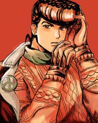  1boy black_jacket diamond_wa_kudakenai earrings gloves hand_in_own_hair higashikata_josuke highres jacket jewelry jojo_no_kimyou_na_bouken long_hair male_focus open_clothes open_jacket open_mouth orange_background peace_symbol pompadour rubynman solo sweater upper_body very_long_hair 