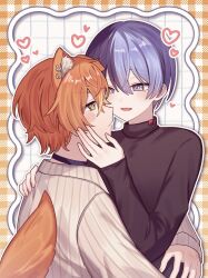  2boys animal_ears aoyagi_touya arms_around_waist black_collar blue_hair blush border collar dog_ears dog_tail erao green_eyes grey_eyes hand_on_another's_cheek hand_on_another's_face heart highres looking_at_another mole mole_under_eye multicolored_hair multiple_boys official_alternate_costume official_alternate_hairstyle open_mouth orange_border orange_hair project_sekai ribbed_sweater rise_as_one!_(project_sekai) shinonome_akito short_hair streaked_hair sweater tail turtleneck two-tone_hair yaoi 