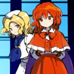  arm_behind_back blonde_hair blue_sailor_collar cape capelet hat kaigen_1025 kitashirakawa_chiyuri looking_at_another okazaki_yumemi phantasmagoria_of_dim.dream red_capelet red_eyes red_vest redhead sailor_collar sailor_hat shirt shorts smile touhou touhou_(pc-98) vest white_shirt white_shorts yellow_eyes 