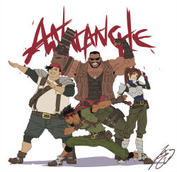  1girl 3boys armor armored_boots bandana barret_wallace beard biggs_(ff7) black_hair black_shirt blue_eyes blue_leotard boots breastplate breasts brown_boots brown_eyes brown_hair brown_vest clenched_hand dark-skinned_male dark_skin dog_tags elbow_gloves facial_hair final_fantasy final_fantasy_vii final_fantasy_vii_remake fingerless_gloves flexing gloves green_pants green_shirt grey_shorts grin hand_on_own_hip headband highres jessie_rasberry kobayashi_gen leotard long_hair lunging medium_breasts multiple_boys muscular muscular_male one_eye_closed pants plump ponytail pouch prosthetic_weapon red_bandana red_headband salute scar scar_on_cheek scar_on_face shirt short_hair shorts shoulder_armor signature smile sunglasses suspenders teeth thigh_pouch turtleneck turtleneck_leotard veins veiny_arms very_short_hair vest wedge_(ff7) white_background 