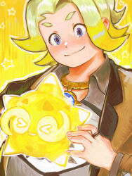  1boy blonde_hair blue_eyes brown_jacket closed_mouth collared_shirt commentary commission go-lurk gordie_(pokemon) hand_up highres jacket jewelry long_sleeves looking_down male_focus minior minior_(core) minior_(yellow_core) necklace open_clothes open_jacket pokemon pokemon_(creature) pokemon_swsh ring shirt short_hair smile star_(symbol) 