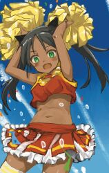  1girl alternate_costume animal_ears black_hair blush cat_ears cat_girl cheerleader clouds cloudy_sky dark-skinned_female dark_skin feet_out_of_frame francesca_lucchini green_eyes happy highres holding long_hair murayama_kei navel open_mouth pom_pom_(cheerleading) red_skirt skirt sky solo standing strike_witches thigh-highs twintails white_thighhighs world_witches_series 