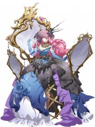  1girl aristocratic_clothes bare_shoulders black_gem black_pantyhose blue_dress breasts chain coiled crinoline curly_hair dress drill_hair drill_sidelocks earrings elbow_gloves eyebrows_hidden_by_hair floating floating_object frilled_dress frills full_body game_cg gem gloves gold gold_chain gold_trim high_heels jewelry langrisser langrisser_mobile looking_at_viewer medium_breasts mirror multicolored_dress official_alternate_costume official_art pantyhose pink_hair princess purple_gem ringlets rozenciel_(langrisser) serious side_slit sidelocks single_earring snake solo spider_web_print standing third-party_source torn_clothes torn_pantyhose transparent_background violet_eyes white_snake 