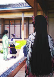 1boy 2girls absurdres alternate_costume aqua_pants aqua_shirt black_hair butterfly_hair_ornament from_behind full_body hair_ornament haori highres holding holding_sword holding_weapon jacket japanese_clothes katana kimetsu_no_yaiba kochou_kanae kochou_shinobu long_hair low_ponytail multiple_girls niku_(ni23ku) outdoors pants ponytail purple_jacket purple_pants shirt spiky_hair standing sword tomioka_giyuu very_long_hair weapon white_haori 