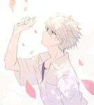  1boy blue_shirt cherry_blossoms collared_shirt facing_to_the_side falling_petals grey_hair male_focus nagisa_kaworu neon_genesis_evangelion petals red_eyes school_uniform shirt short_hair short_sleeves sketch solo spiky_hair tokyo-3_middle_school_uniform white_background white_shirt yuki_fumuke 