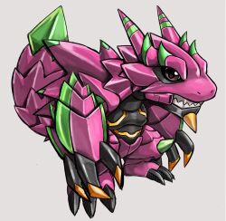  armalizamon armor chibi commentary digimon digimon_(creature) english_commentary full_body grey_background highres lizard pink_armor qkranks sharp_teeth simple_background solo spiked_tail tail teeth violet_eyes 
