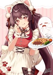  1girl 1other absurdres alternate_costume alternate_hairstyle animal_ears apron asahi_(vjss4548) blush boo_tao_(genshin_impact) brown_hair closed_mouth collarbone commentary_request detached_collar fake_animal_ears flower-shaped_pupils food frilled_apron frilled_wrist_cuffs frills genshin_impact ghost hair_between_eyes highres holding holding_plate hu_tao_(genshin_impact) long_hair looking_at_viewer maid_apron omelet omurice open_mouth paw_print plate red_eyes smile symbol-shaped_pupils twintails very_long_hair white_apron white_wrist_cuffs wrist_cuffs 