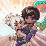  2girls bare_shoulders black_gloves blush brown_hair closed_eyes emphasis_lines floating floating_object from_side gloves grey_hair hug karma_(league_of_legends) league_of_legends multiple_girls open_mouth phantom_ix_row ponytail purple_gloves riven_(league_of_legends) shiny_skin short_hair tears teeth upper_body upper_teeth_only 