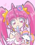  1girl ahoge blunt_bangs choker closed_mouth cure_star earrings fur_cuffs fuwa_(precure) heart highres holding holding_pen hoop_earrings hoshina_hikaru jewelry long_hair looking_at_viewer magical_girl otannu_(bkdenta) pen pink_choker pink_eyes pink_hair planet_hair_ornament precure smile star_color_pen star_twinkle_precure twintails upper_body very_long_hair wrist_cuffs 