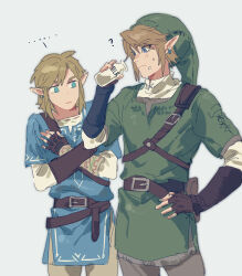  ... 2boys ? belt blue_tunic bottle brown_belt closed_mouth commentary_request crossed_arms dual_persona earrings fingerless_gloves food food_on_face gloves green_hat green_tunic grey_background hand_on_own_hip hat highres jewelry link male_focus milk milk_bottle multiple_boys pointy_ears simple_background spoken_ellipsis sumooo_(ga_ilil) the_legend_of_zelda the_legend_of_zelda:_breath_of_the_wild the_legend_of_zelda:_skyward_sword tunic 