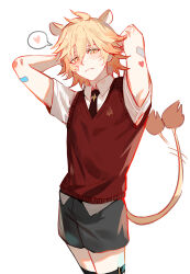  1boy absurdres alternate_costume animal_ears bandaid bandaid_on_arm bishounen black_necktie black_shorts blonde_hair collared_shirt commentary hand_up heart highres honkai_(series) jujeop legwear_garter lion_boy lion_ears lion_tail male_focus mydei_(honkai:_star_rail) necktie red_sweater_vest shirt shorts simple_background solo spoken_heart sweater_vest symbol-only_commentary tail white_background white_shirt yellow_eyes 