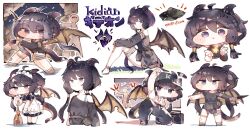  +++ 1girl apron arm_up asymmetrical_sleeves bandaged_arm bandaged_leg bandages baseball_cap black_dress black_hair black_hat black_pants blush boombox broom character_name chibi chibi_inset clenched_hand closed_mouth commentary_request dragon_ears dragon_girl dragon_horns dragon_tail dragon_wings dress grass hat heart highres holding holding_broom holding_weapon horns kidian_(trickcal) kotatu_(akaki01aoki00) kunai maid_headdress multiple_views off_shoulder pants parted_lips purple_hair short_hair_with_long_locks simple_background sitting tail torn_clothes torn_wings trickcal viewer_self-insert weapon white_apron wings 