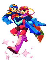  1boy 1girl black_bodysuit blonde_hair blue_boots blue_gloves blue_hair blue_helmet blush bodysuit boots commentary_request gloves green_eyes helmet highres leotard long_hair mega_man_(series) mega_man_battle_network_(series) megaman.exe open_mouth pink_boots pink_helmet pink_leotard ponytail reverse_princess_carry ritomasu_(crsk4373) roll.exe_(mega_man) short_hair spiky_hair star_(symbol) very_long_hair white_background 