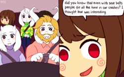  1girl 2016 2boys 2d 2others ambiguous_gender animal_ears anthro artist_name aryll_(marbles) asgore_dreemurr asriel_dreemurr beard blonde_hair blue_shorts body_fur brown_hair car car_interior chara_(undertale) comic commentary couple digital_media double_horizontal_stripe driving droopy_ears english_commentary english_text facial_hair family fangs father_and_son female floppy_ears frisk_(undertale) furry furry_female furry_male goat goat_boy goat_ears goat_girl goat_horns green_sweater hands_on_own_knees heart horizontal-striped_clothes horns human husband_and_wife long_sleeves male mammal monster monster_boy monster_girl mother_and_son multiple_boys multiple_others raised_inner_eyebrows red_background red_eyes seat_belt sequential short_hair simple_background sitting skin_fangs smug speech_bubble steering_wheel striped_clothes striped_sweater sweater text toriel two-tone_sweater undertale utdr_(toby_fox) white_fur white_horns yellow_stripes 