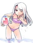  1girl bare_shoulders blush closed_mouth fate/stay_night fate_(series) illyasviel_von_einzbern long_hair looking_at_viewer navel nekomata_naomi one_eye_closed red_eyes smile solo swimsuit white_hair 