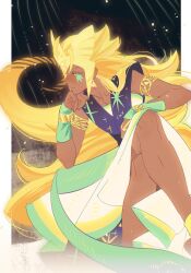 1girl absurdly_long_hair armlet blonde_hair bracelet chin_rest closed_mouth commentary cookie_run cookie_run:_kingdom crossed_legs facial_mark golden_cheese_cookie head_rest highres jewelry long_hair looking_to_the_side pillarboxed solo sumooo_(ga_ilil) tan very_long_hair yellow_eyes