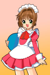  1girl :d a1_(initial-g) anime_coloring apron archived_source arm_at_side ascot black_outline brown_hair cardcaptor_sakura collared_dress commentary_request contrast_collar cowboy_shot dress fingernails gradient_background green_eyes hair_intakes holding holding_tray juliet_sleeves kinomoto_sakura lace-trimmed_headdress legs_apart long_sleeves looking_at_viewer maid maid_apron maid_headdress official_style open_mouth outline petticoat pink_background pink_dress pink_sleeves puffy_sleeves red_ascot round_collar short_hair sleeve_cuffs smile solo standing thick_outlines tongue tray white_apron white_headdress yellow_background 
