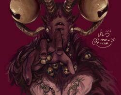  1boy black_nails body_piercings disembodied_eye elden_ring elden_ring_nightreign extra_eyes goat_horns horizontal_pupils horns libra_(elden_ring) monster monster_focus oimo_imooi reaching reaching_towards_viewer red_background signature solo upper_body very_big_eyes 