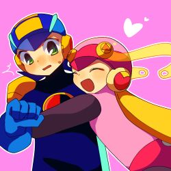  1boy 1girl black_bodysuit blue_bodysuit blue_helmet bodysuit closed_eyes green_eyes heart helmet hug leotard long_hair mega_man_(series) mega_man_battle_network_(series) megaman.exe open_mouth pink_background pink_helmet pink_leotard ritomasu_(crsk4373) roll.exe_(mega_man) very_long_hair 
